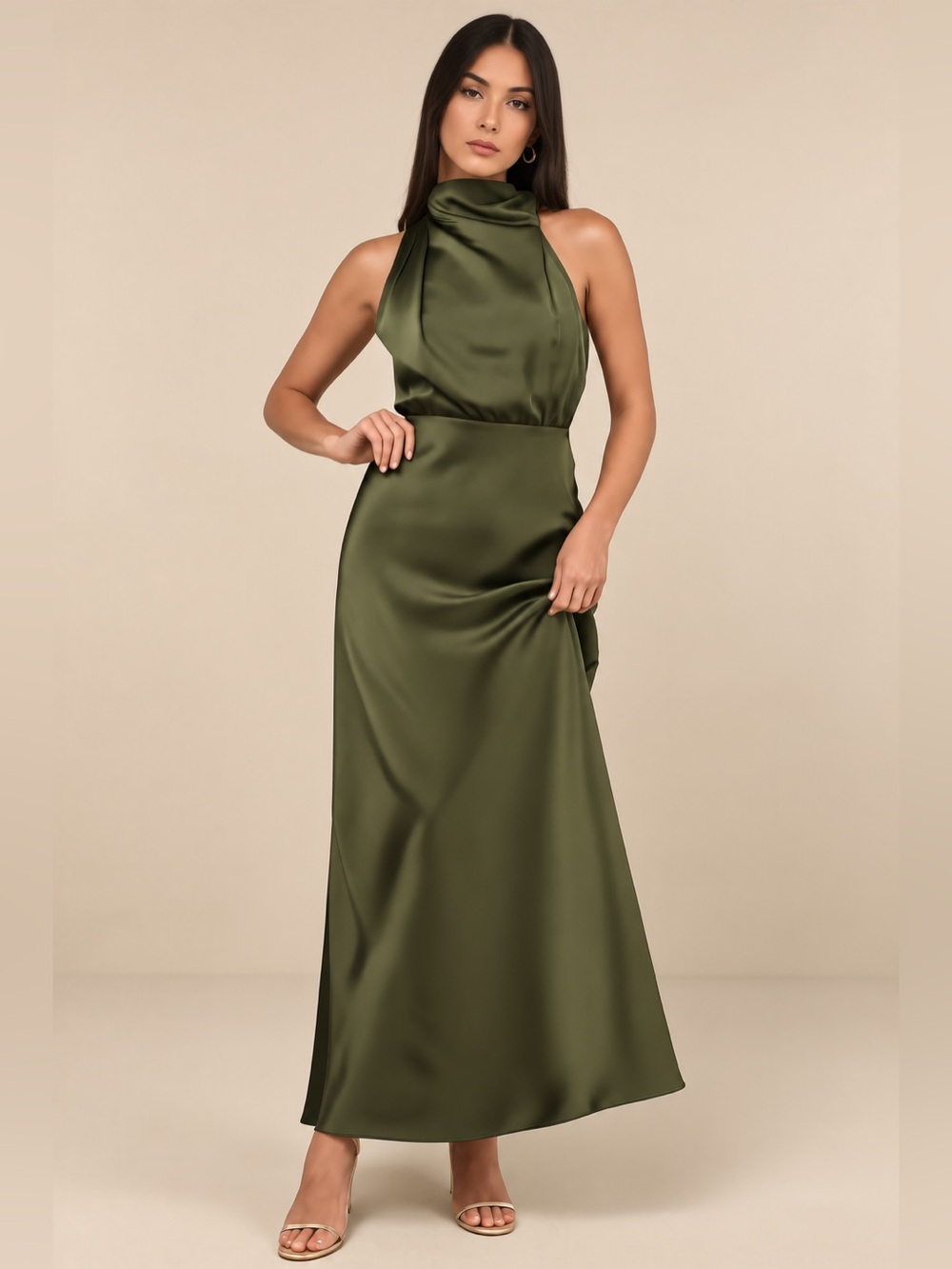 Lulu's Olive Satin Halter Maxi Dress